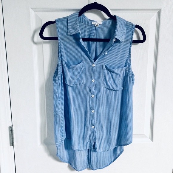 Pinstripe Blue Sleeveless Collar Top - Picture 1 of 6